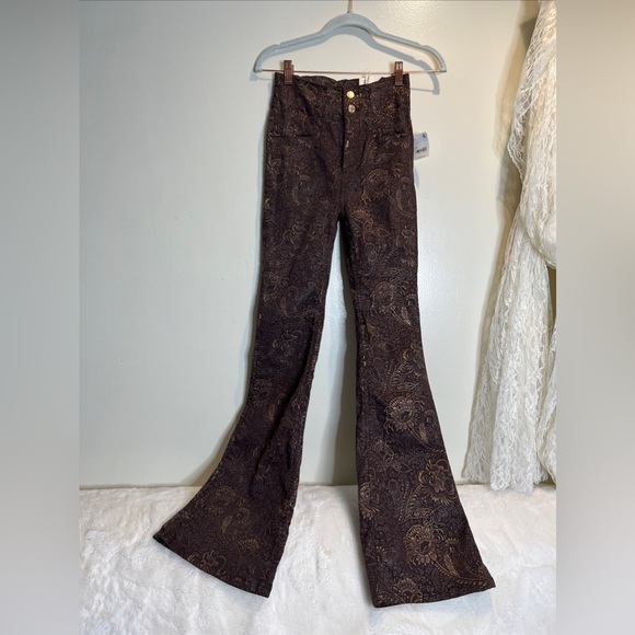 Free People High Rise Flare Jayde Printed Metallic Gold Foil Pants Jeans - Picture 6 of 9